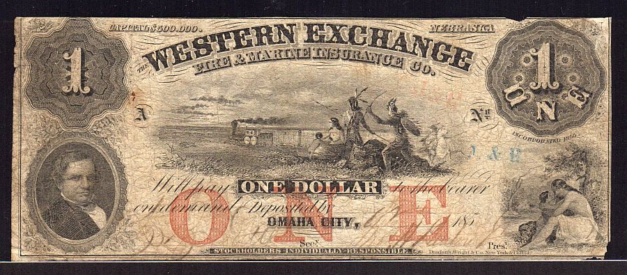 Omaha City, Nebraska 1857 $1, Western Exchange Insurance Co., VG/F